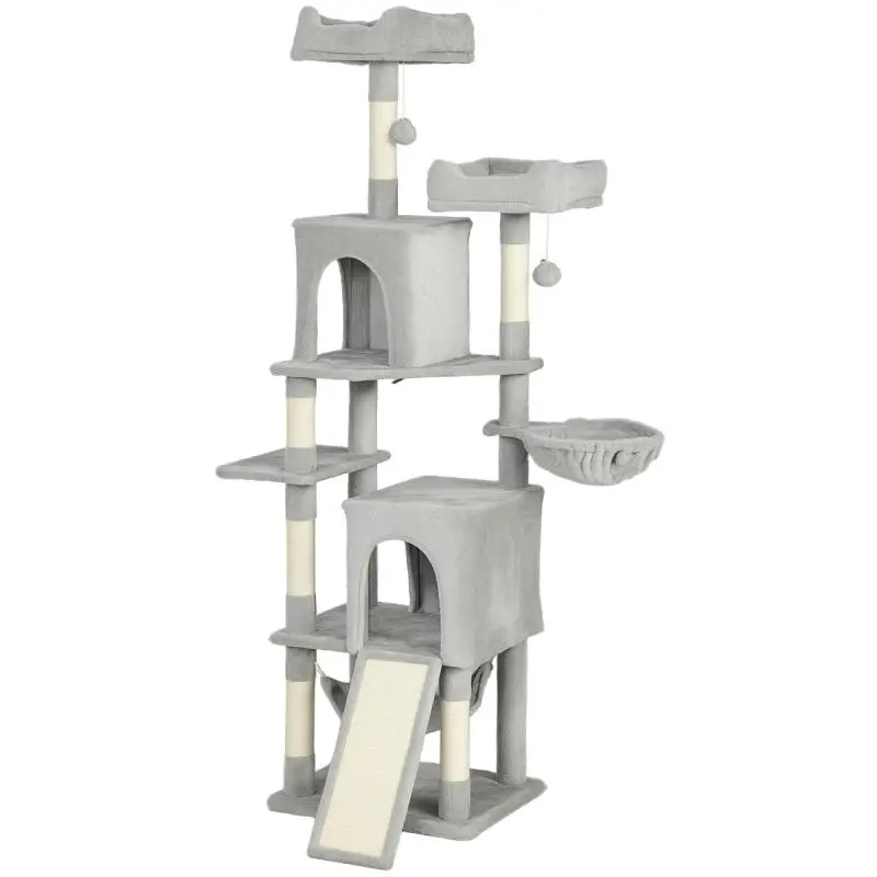 Cat tree play tower with 3 platforms, 2 cubbies, 2 beds, 2 hammocks, and 1 ladder, 177 cm high, light grey