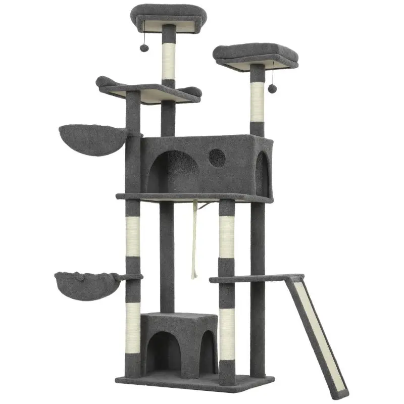 Cat tree/play tower with scratching post, 3 beds, 2 hideaways, platforms, and 3 hanging toys – Height 174 cm – Grey
