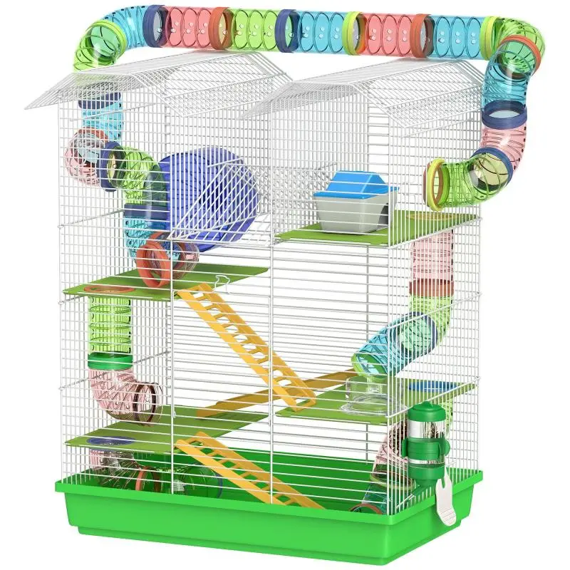 Cage for hamsters, mice, and small rodents with tunnel, feeder, wheel, and toy – 47 x 30 x 59 cm – Green