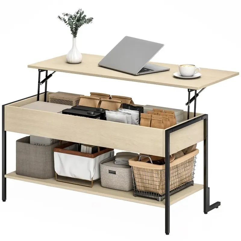 Lift-top coffee table, living room table with hidden compartment and open shelf, 95x40x59cm, natural wood