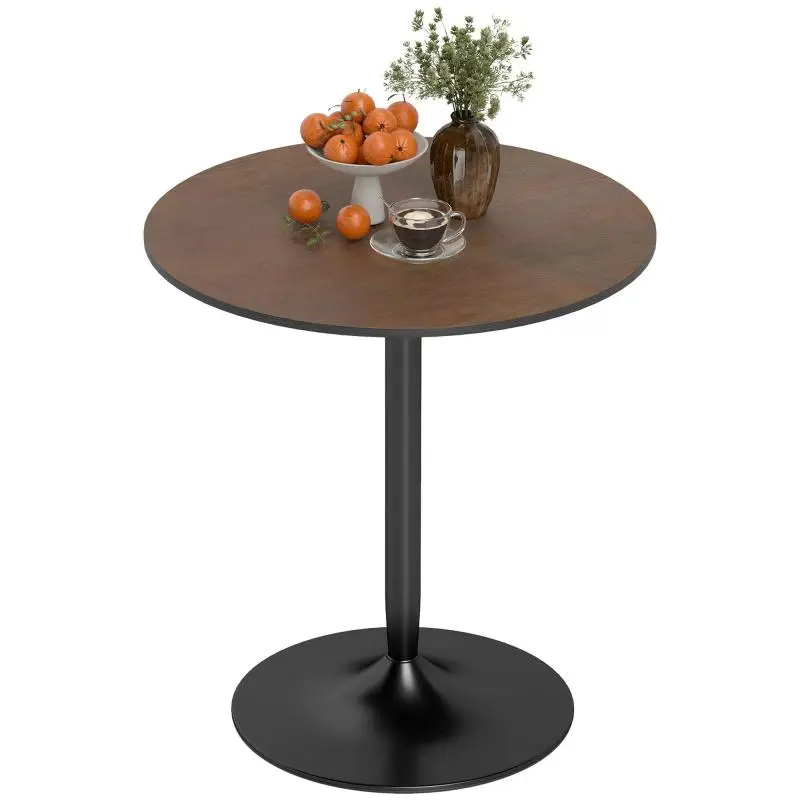 Round 70 cm dining table for 2 people with a solid wood veneer tabletop and brown steel base.