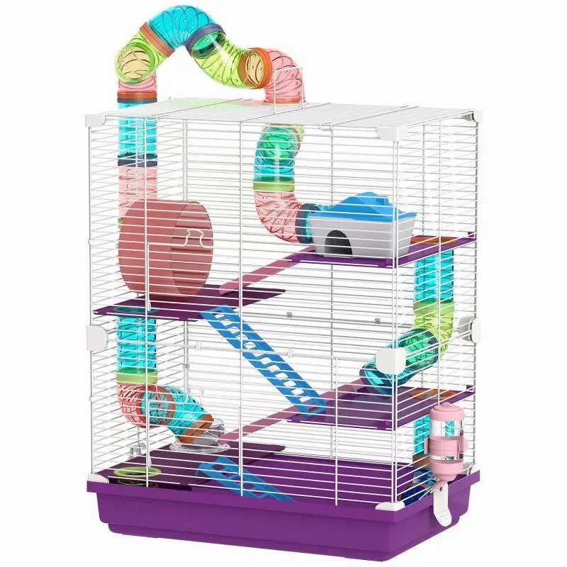 4-Level Hamster/Rodent Cage with Tunnels, Feeder, Wheel, House, and Ladders – 46 x 30 x 58 cm – Purple