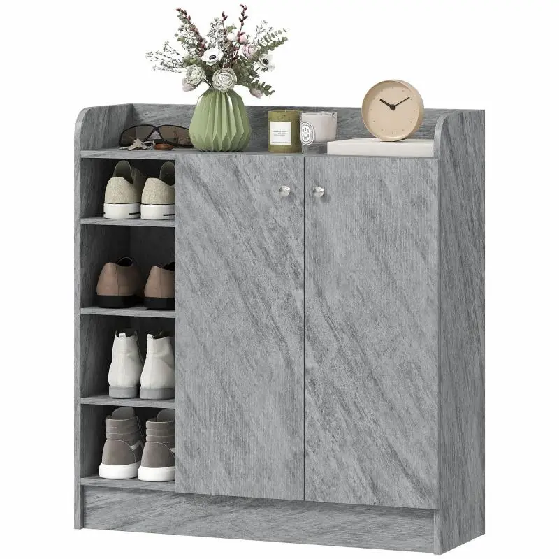Entryway shoe storage unit with 4 open compartments and double-door cabinet – adjustable shelf