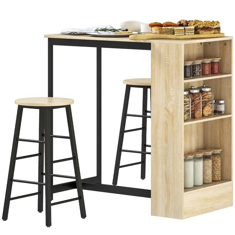 Bar table set with stools, open compartments, adjustable shelf, and footrests – oak and black