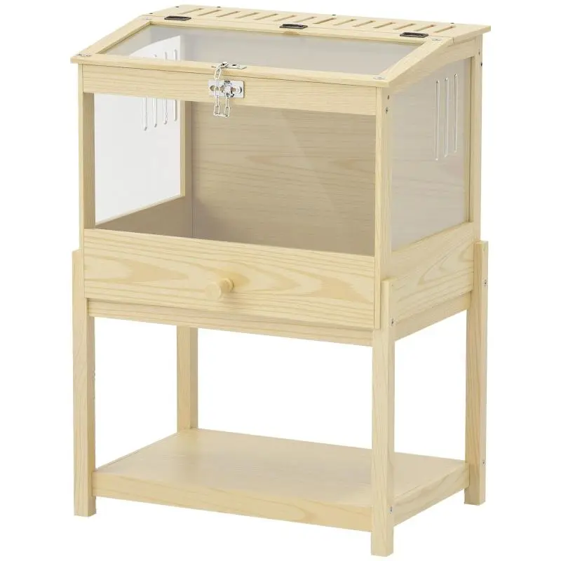 Elevated wooden hamster cage with storage shelf and opening lid, 83.2 x 50 x 103 cm, natural wood finish