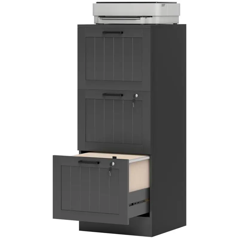Office filing cabinet, wooden storage unit with 3 drawers and lock, adjustable suspension rails, 40 x 40 x 101 cm, black