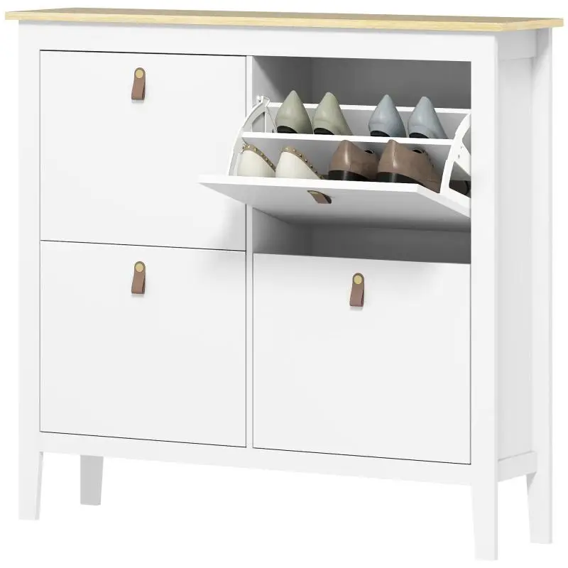 20-pair shoe cabinet with 4 drawers, drop-down doors, and removable, adjustable shelves – white