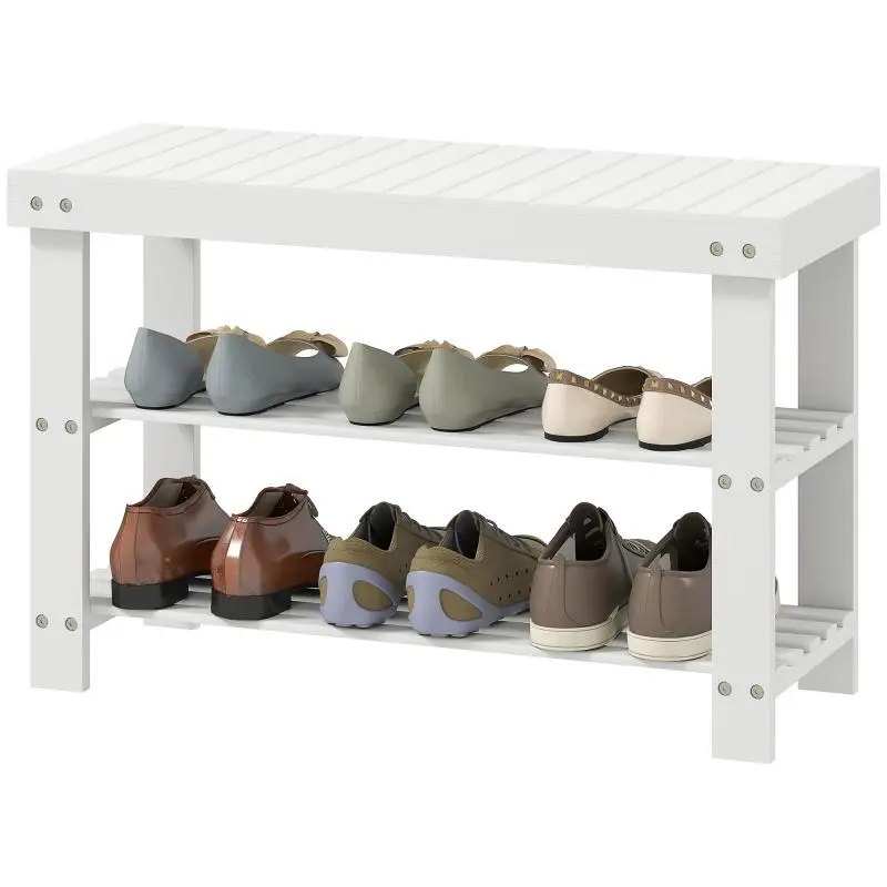 Bamboo shoe bench, 3-tier shoe rack, Scandinavian style, 136 kg load capacity, 70 x 28 x 45 cm, white