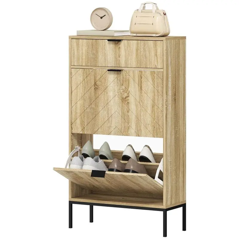 8-pair shoe cabinet with sliding drawer, 2 tilt-out drawers, and adjustable shelves, 60x24x105.5 cm, oak