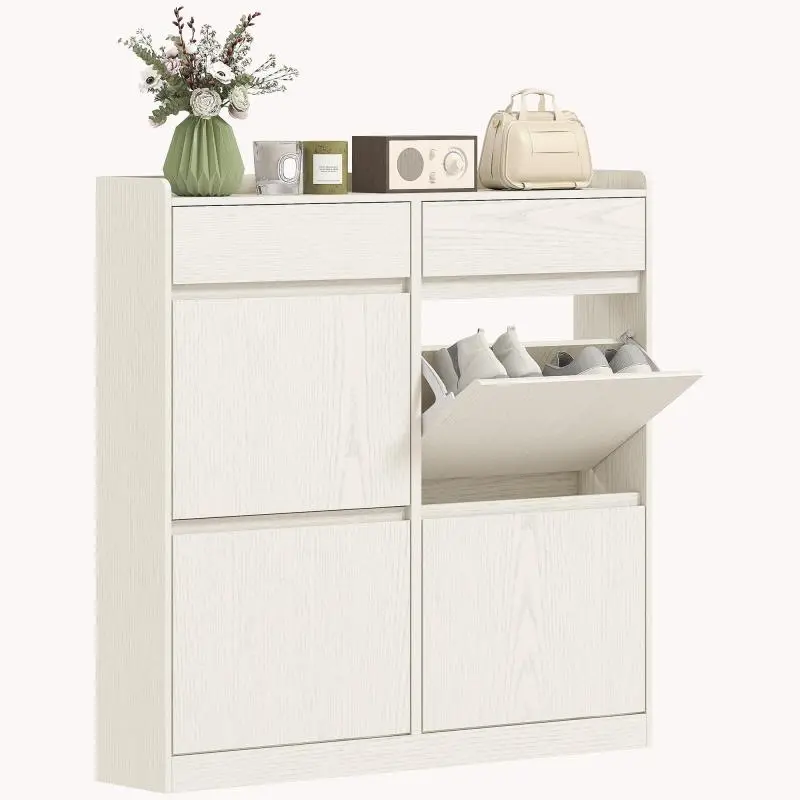 8-pair shoe cabinet with 2 sliding drawers and 4 drop-down drawers, 98 x 19.2 x 95.3 cm, white