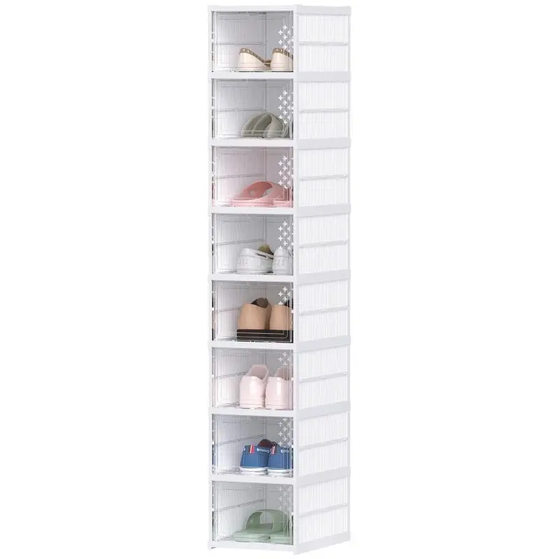 Set of 8 stackable, foldable plastic shoe boxes with lids, fits up to size 43, white