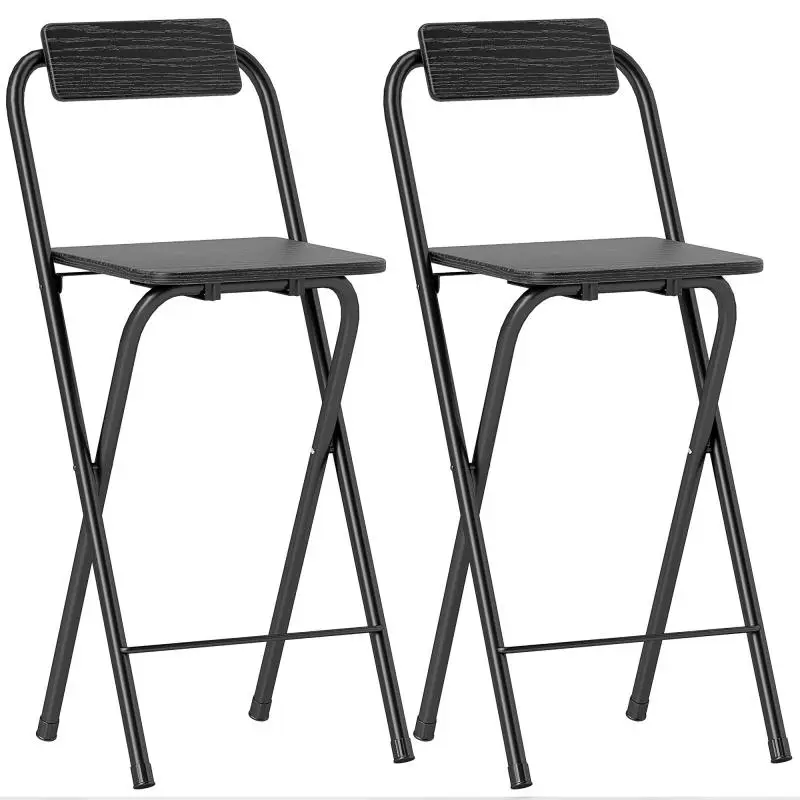 Set of 2 foldable bar stools with backrest and footrest, steel frame, 87 cm high, black