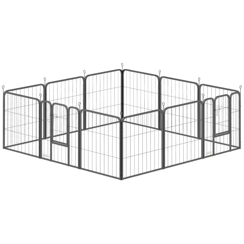 Modular and foldable 12-panel steel dog playpen/enclosure with 2 doors for puppies