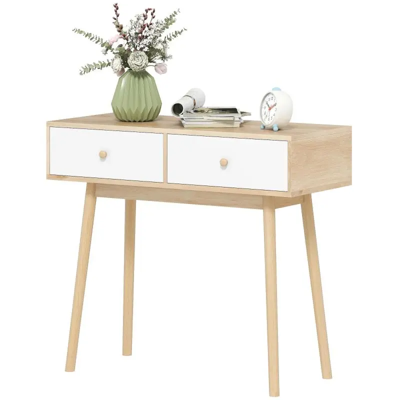 Console table with 2 drawers and wooden legs, for living room, entryway, or hallway, 86 x 35 x 75 cm, oak and white