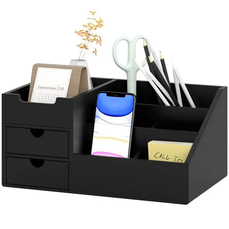 Desk Storage Box - Desk Organizer - 7 Compartments, 2 Drawers - Varnished Bamboo