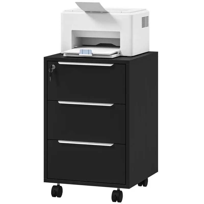 Mobile office pedestal with 3 drawers and lock, rolling office storage unit, 40 x 40 x 63.5 cm, black