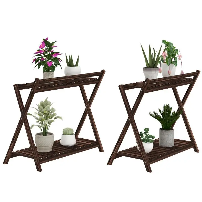 Set of 2 indoor 2-tier plant stands with back support, 73 x 36 x 64 cm, brown