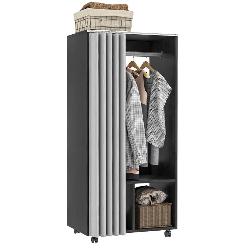 Mobile Storage Wardrobe with Curtain, Particleboard, Hanging Rail, Black