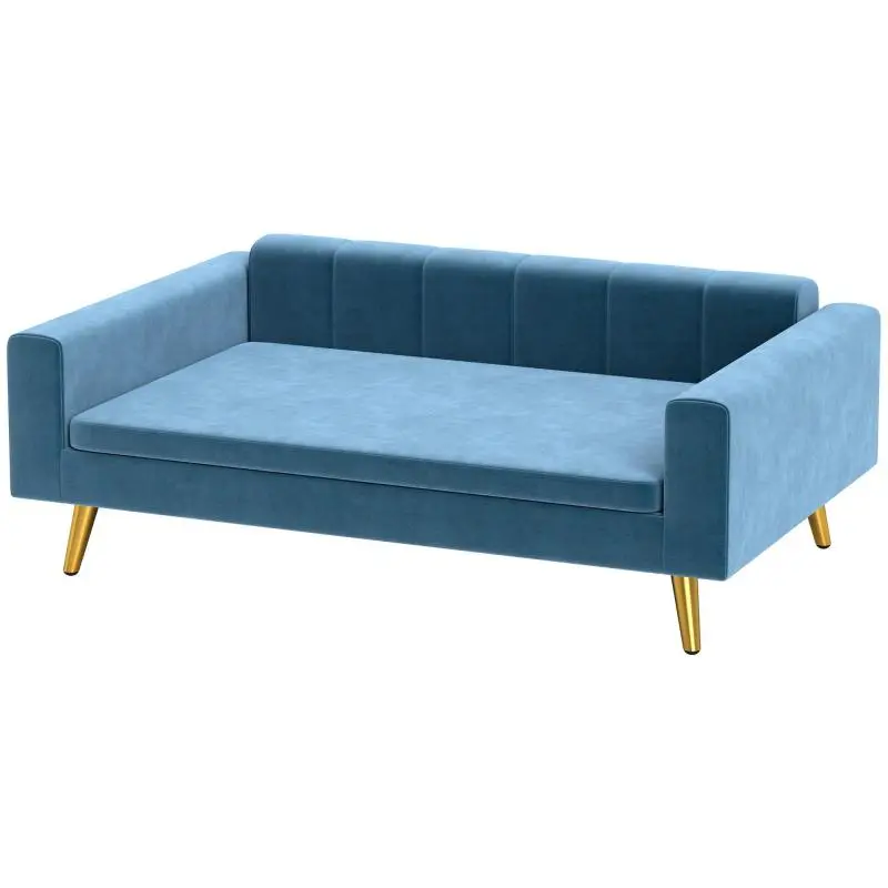 Silky Blue Velvet Dog Sofa Bed with Plush Cushion and Gold Metal Legs, Size: 94 x 59.5 x 31.5cm