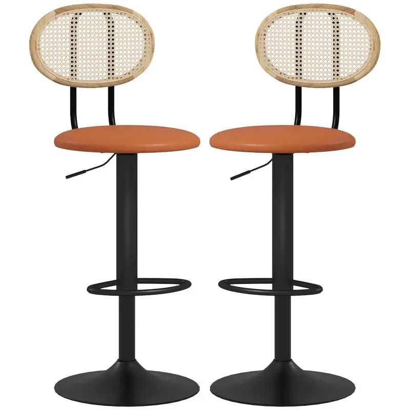 Set of 2 height-adjustable bar stools with rattan backrests and footrests, brown