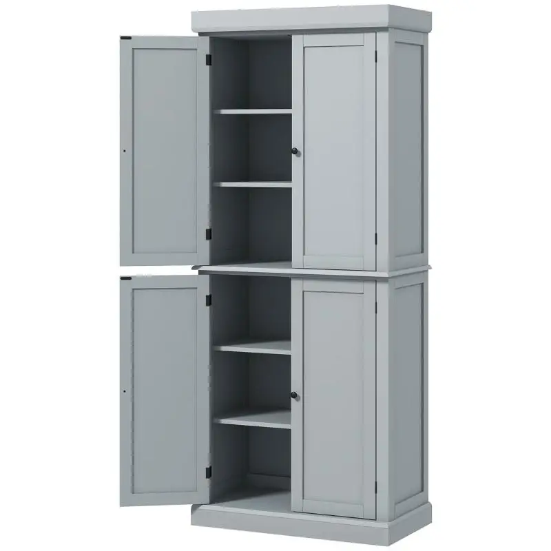 Modern-style kitchen buffet cabinet with cupboards and adjustable shelves, 76 x 40.5 x 184 cm, grey