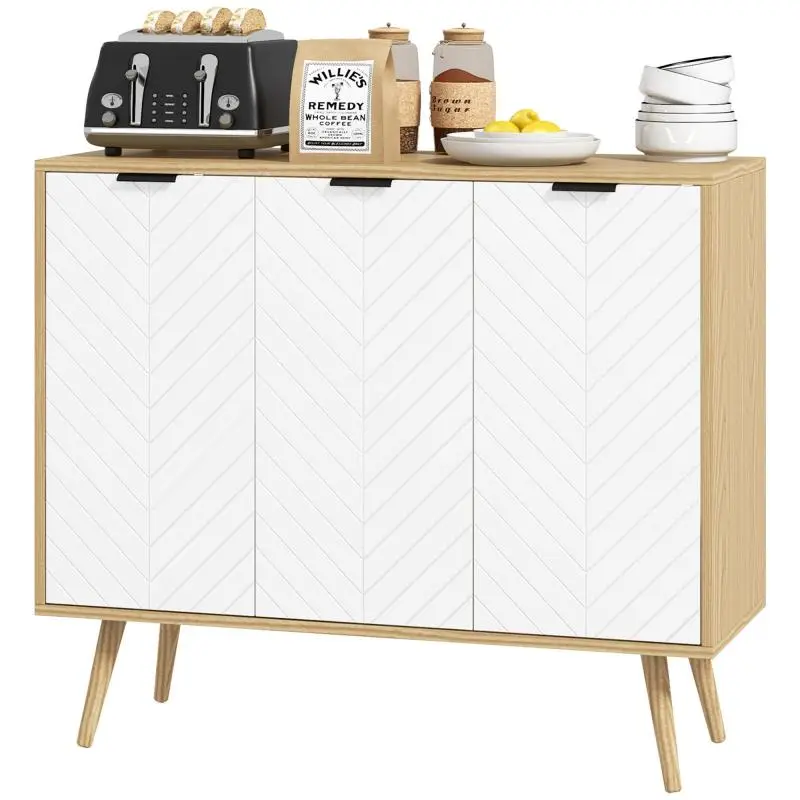 Low sideboard/storage unit with 2 compartments, 3 doors, herringbone pattern, and adjustable shelves – 91.5 x 35 x 77.4 cm – natural wood