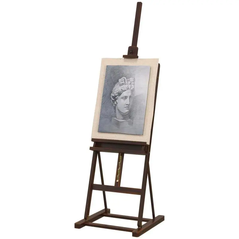 Height-adjustable wooden easel (171–230 cm) with storage and adjustable tilt (max. 80 Degrees), brown.