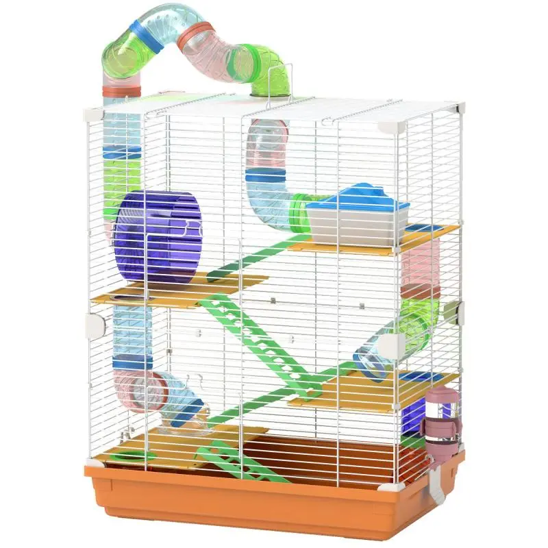 5-level hamster/rodent cage with tunnels, feeder, wheel, house, and ladders – Green – Dim. 46L x 30W x 58H cm