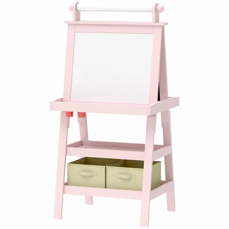 3-in-1 Kids' Easel with Magnetic Whiteboard, Chalkboard, Paper Roll, and 2 Baskets – Ages 3–6 – Pink