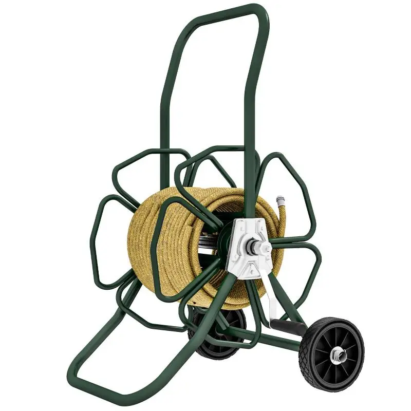 Wheeled garden hose reel cart – green metal – 30m capacity