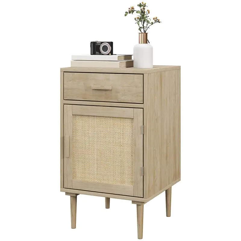 Boho-style bedside table with woven rattan door, cupboard, shelf, and drawer – 40 x 40 x 68.5 cm, natural finish