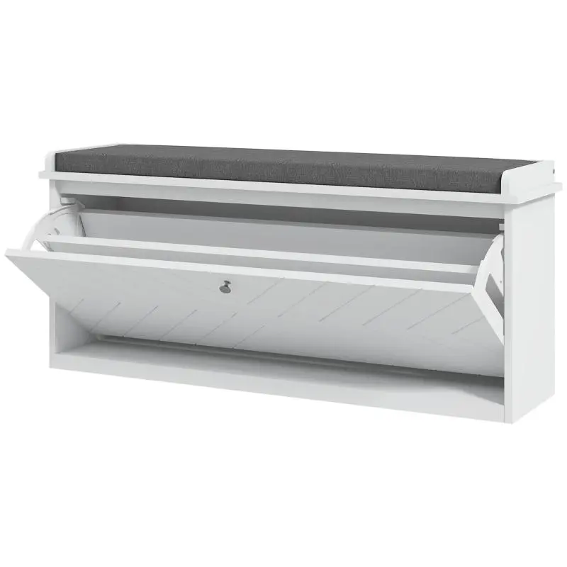 Shoe bench with flip-down compartment, seat cushion, and adjustable shelf, 100 x 26 x 48 cm, white
