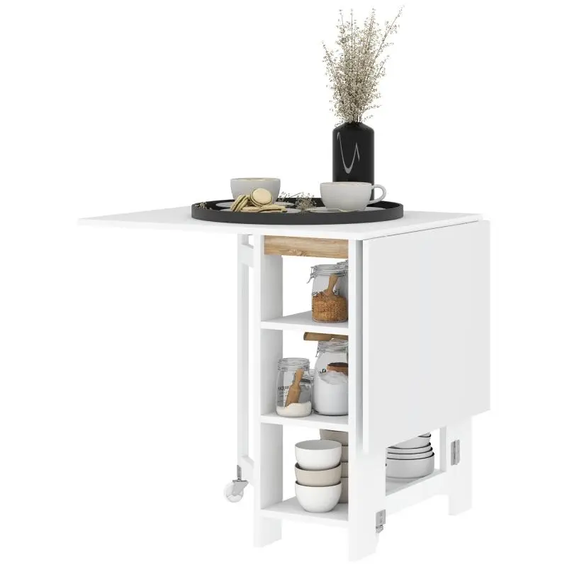 Modern foldable kitchen/dining table with 2 drop leaves and 3 shelves – 120 x 60 x 75 cm – White