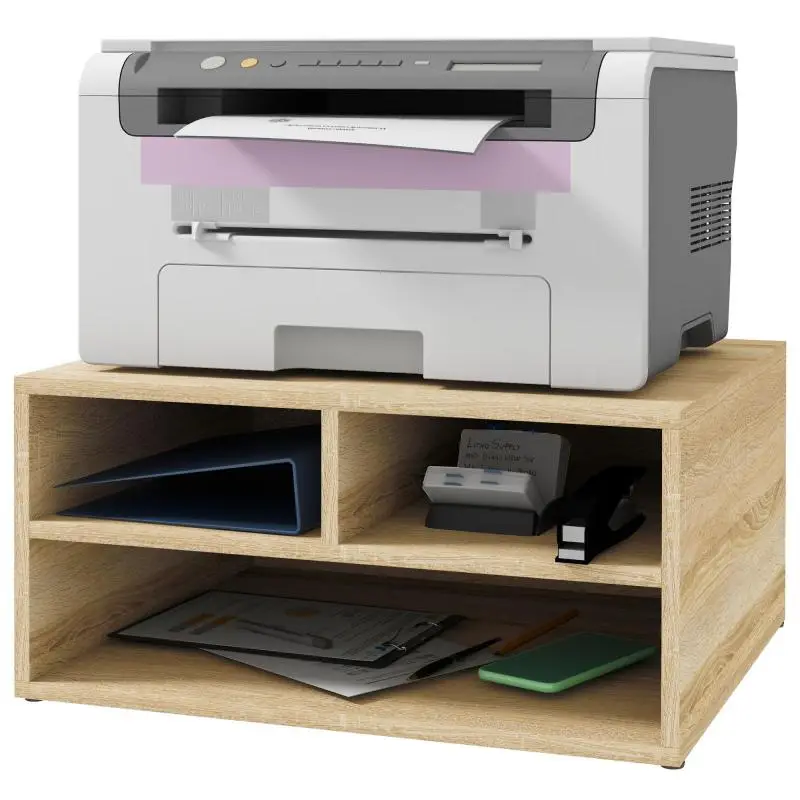 Wood-effect desk organizer with 3 supply compartments and printer stand