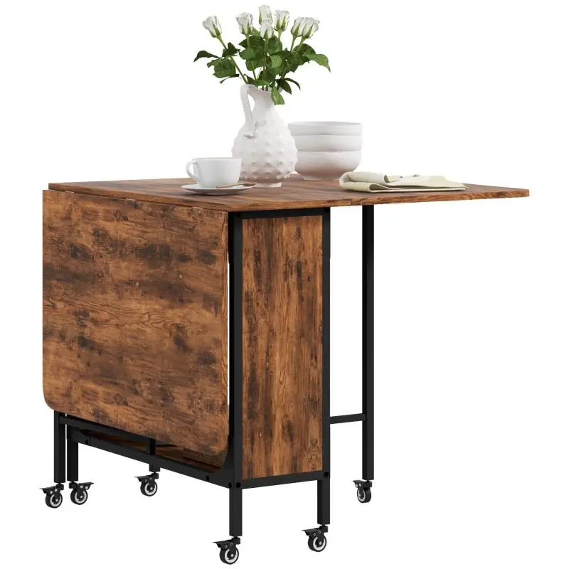 Extendable Folding Dining Table for 6 People with Storage Shelf and 6 Locking Casters, Rustic Brown