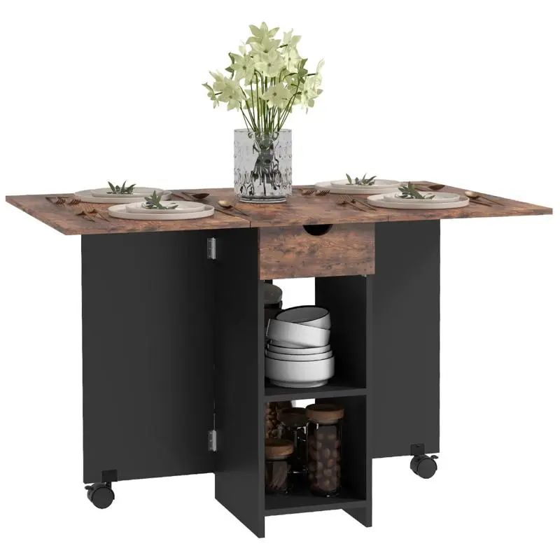 Folding dining table / extendable kitchen table for 2–4 people, 2 drop leaves, 120 x 72 x 75 cm, rustic and black