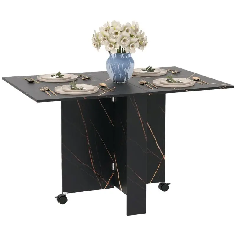 Folding Dining Table with 2 Drop Leaves and 2 Locking Casters, 120 x 80 x 73 cm, Black Marble-Look