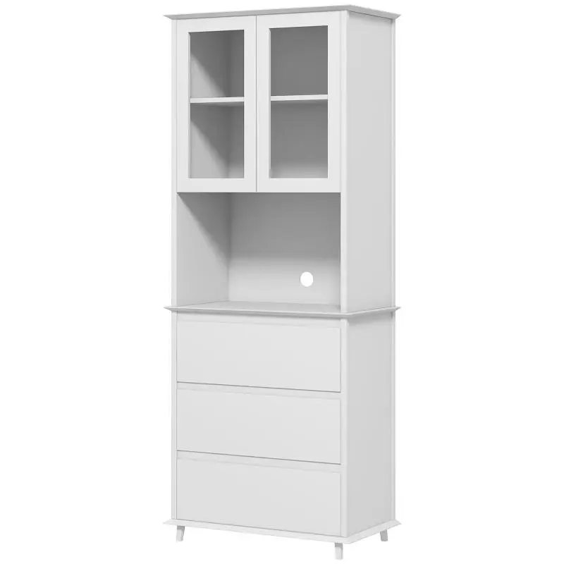 Kitchen storage cabinet/cupboard with 2 doors, 3 drawers, and central open shelf – White MDF – Dimensions: 68W x 38D x 172H cm