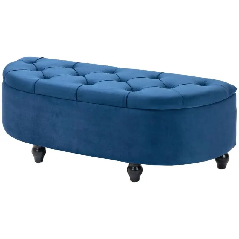 2-in-1 Storage Ottoman/Chest – Semi-Circular Tufted Ottoman – Black Rubberwood Legs – Blue Velvet Upholstery