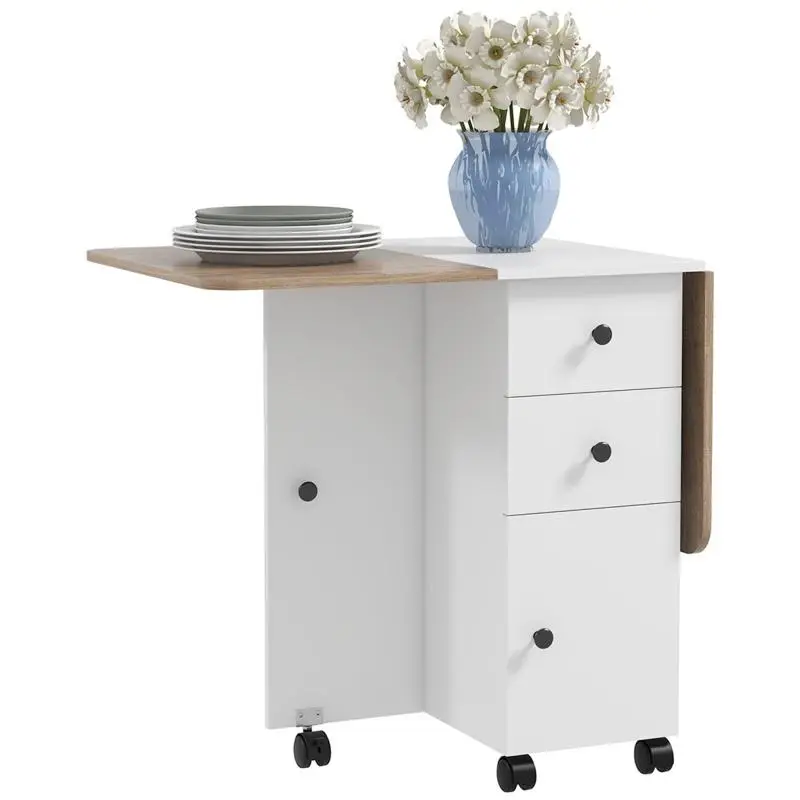 Foldable Kitchen Dining Table with 2 Drop Leaves, 2 Drawers and 1 Cupboard White and Oak Finish