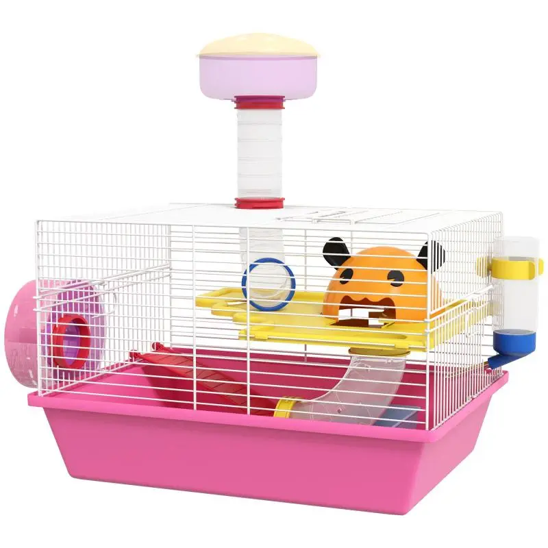 Multicolor hamster/rat/rodent cage with platform, water bottle, wheel, and small house, 34 x 27 x 25 cm, pink