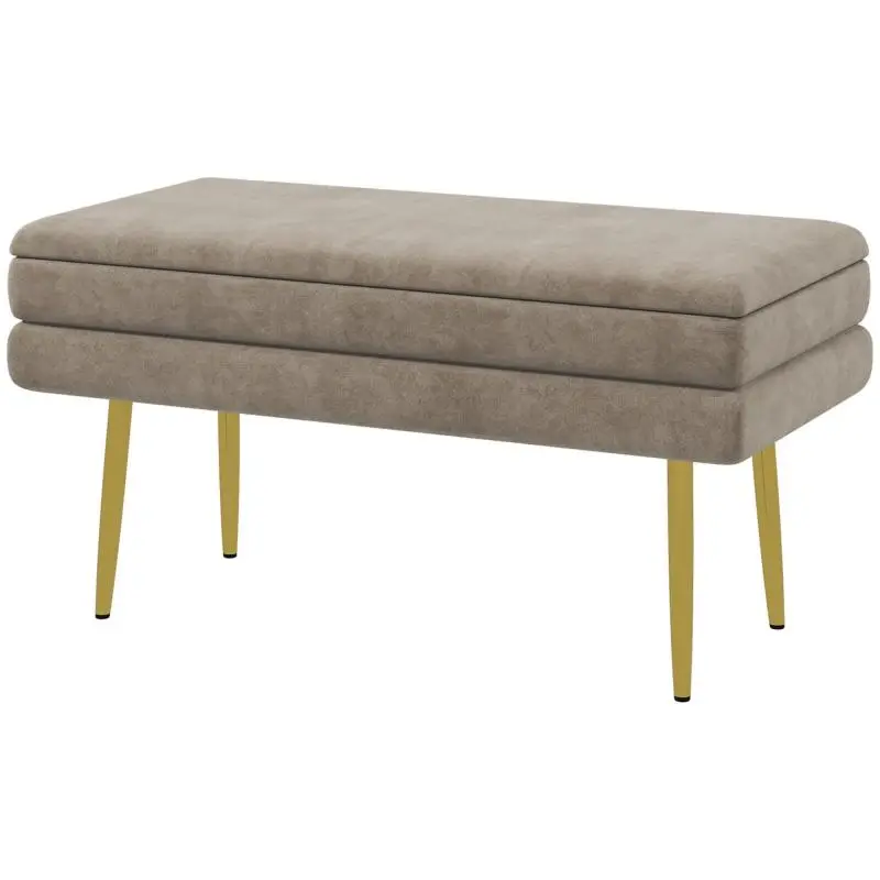 2-in-1 storage bench with velvet-look seat and steel legs – 79.5W x 37.5D x 43H cm, beige and gold