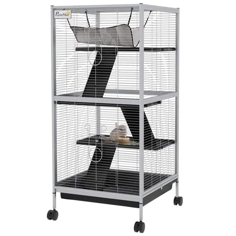 Portable 4-Level Small Animal Cage with Wheels, 2 Doors, 3 Ramps, Hammock and Removable Tray