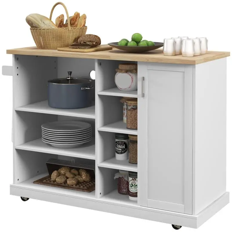 Kitchen island cart on wheels with 7 compartments, 1 cupboard, 1 door, and 1 towel rack – 129 x 51 x 93 cm – wood and white