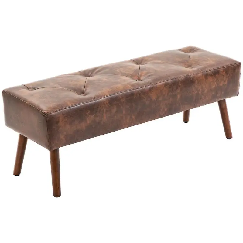 Vintage-style tufted end-of-bed bench (114 x 38 x 42 cm) with wooden legs and brown, distressed-effect upholstery.