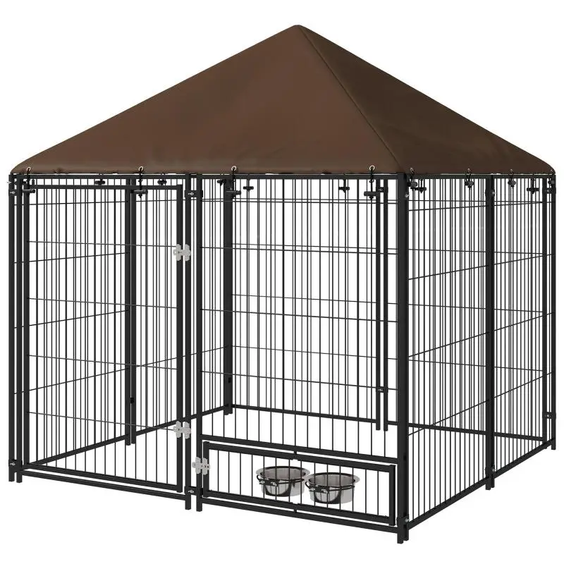 Outdoor Dog Kennel – Metal and Oxford Fabric, with Bowl Holder and Weather-Resistant Roof – Spacious Design