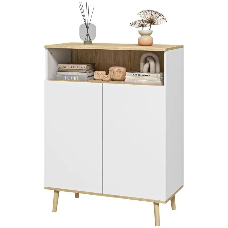 Scandinavian-style freestanding sideboard/storage cabinet with two doors and an internal shelf; white and wood-effect finish.