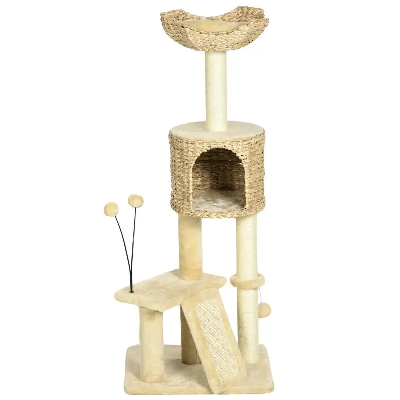 116 cm tall cat tree with hideaway, basket, platforms, plush pom-poms, and water hyacinth – beige