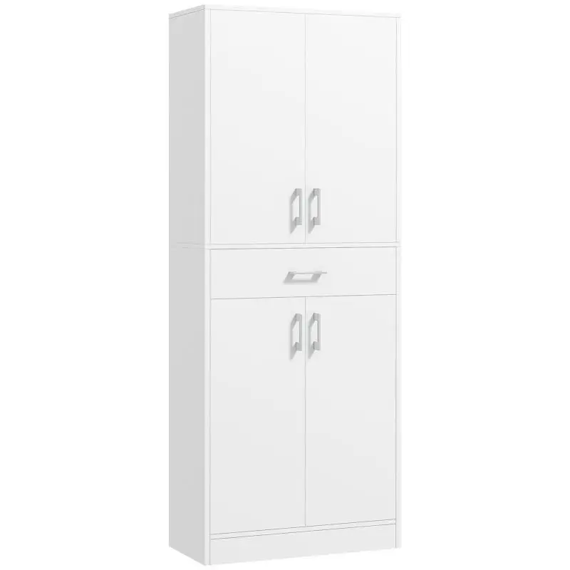 Tall kitchen cabinet/cupboard (180 cm high) in white, featuring 4 doors, 2 storage compartments, 1 central drawer, and 2 adjustable shelves.