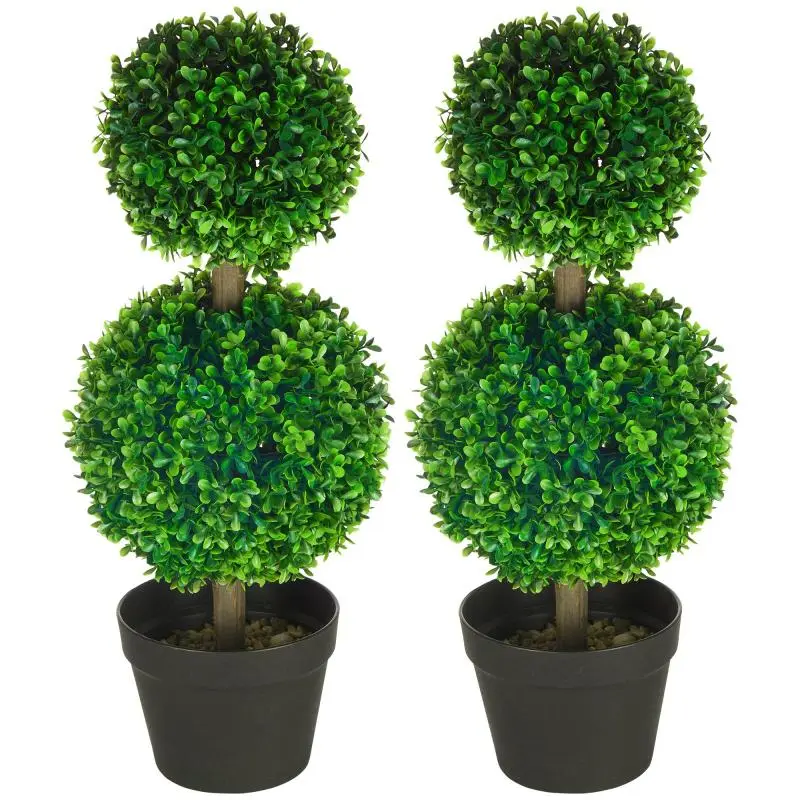 Set of 2 artificial double-ball boxwood trees with trunk and pot included – height 60 cm, green